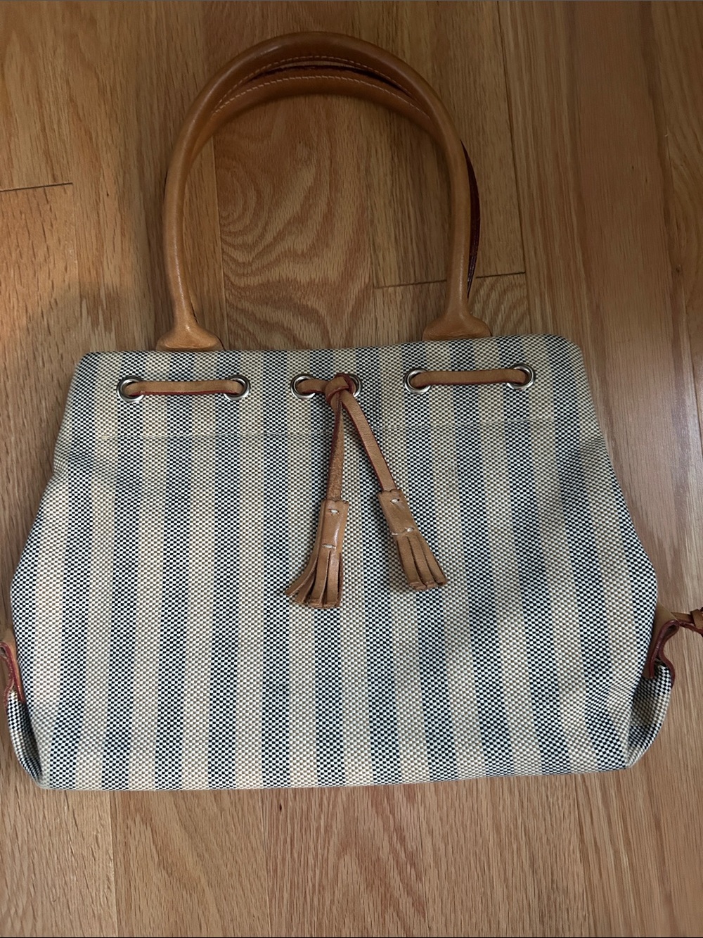 Dooney & Bourke Navy and Cream Striped Canvas Tote with Tan Leather Trim